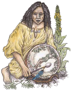 Drawing of a woman with a drum.